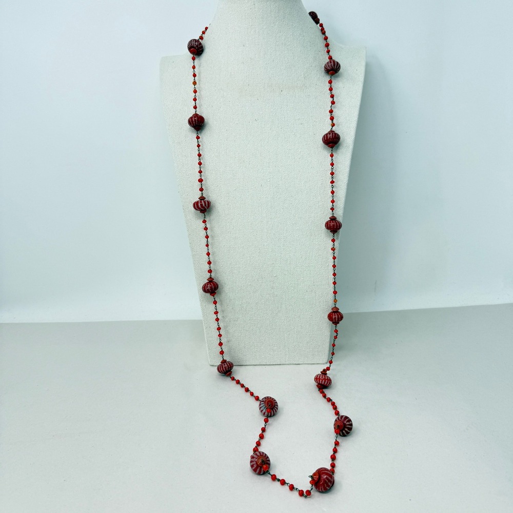 Art Deco Red Glass Bead‎ Flapper Necklace Striped Barrel Lampwork Boho Statement - Picture 2 of 7